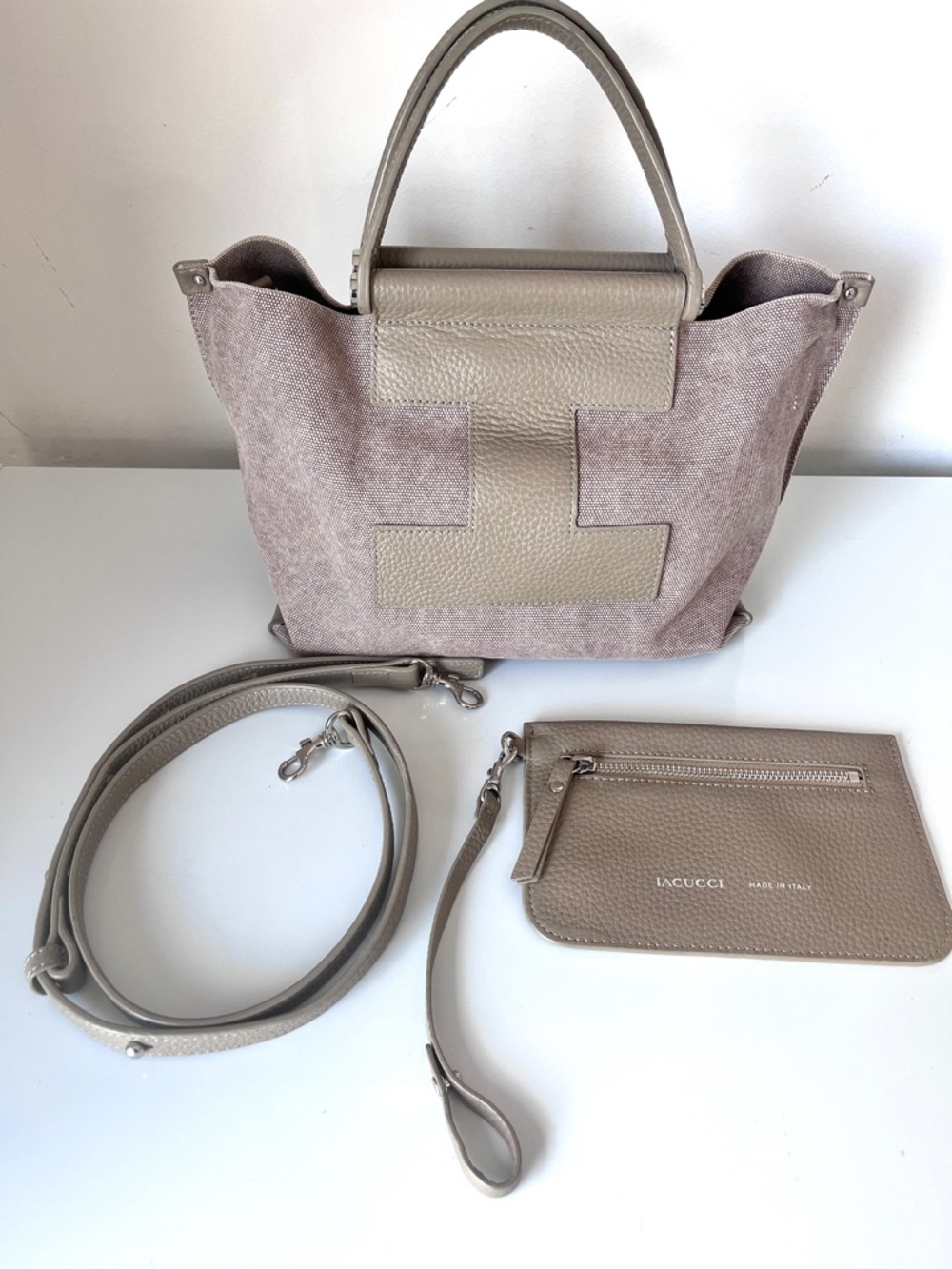 Italian Leather Canvas Tote Crossbody Bag Taupe Blush Quiet Luxury